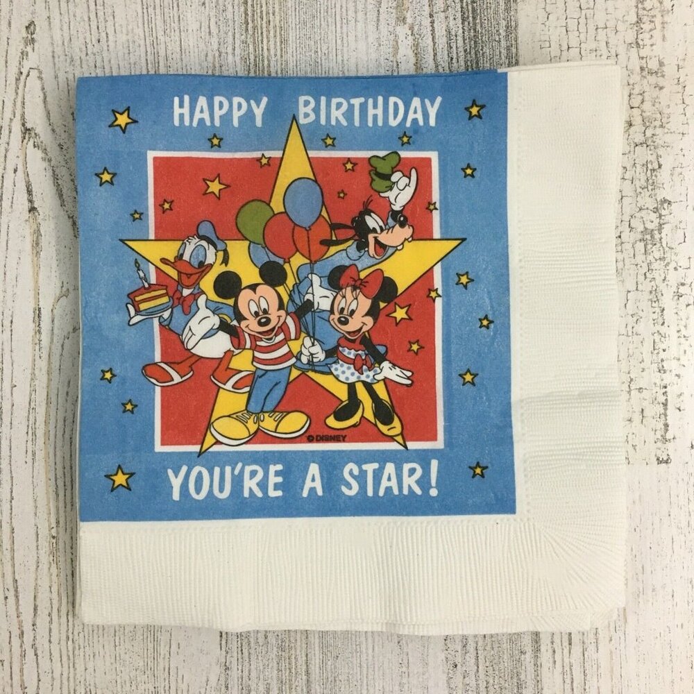 Lot 5 Vtg 1980s Disney Happy Birthday You're a Star Party Napkins Mickey Mouse